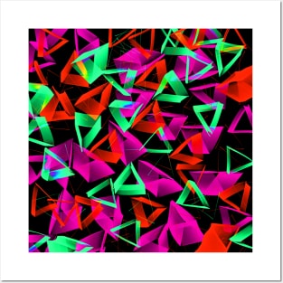 3D Green Pink Red Triangles on Black Abstract Posters and Art